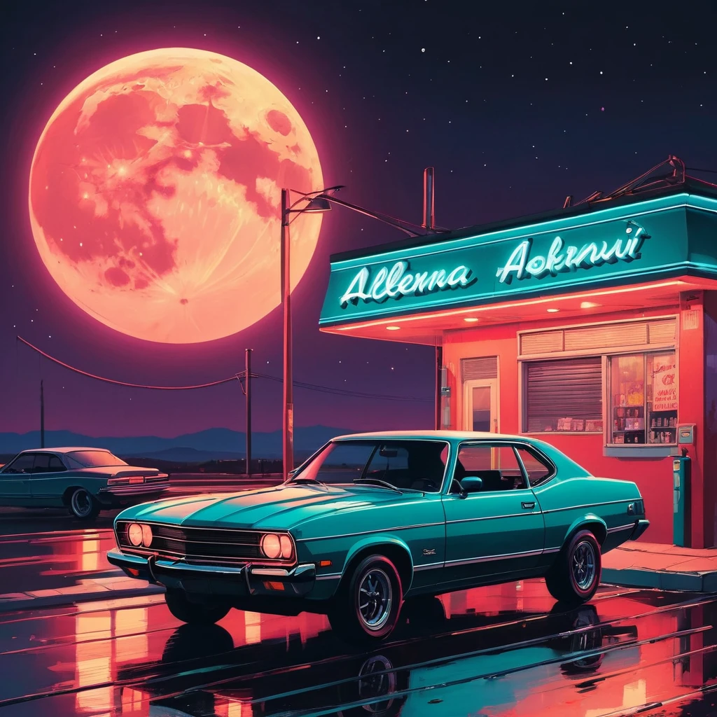 a painting of a posto de gasolina with a neon sign and a full moon, por Alena Aenami, art of Alena Aenami, Apenas Bartel, style of Alena Aenami, inspired por Alena Aenami, posto de gasolina, lo-fi illustration style, e Mumford. octane rendering, gasoline aesthetic, illustration style, artistic. Alena Aenami