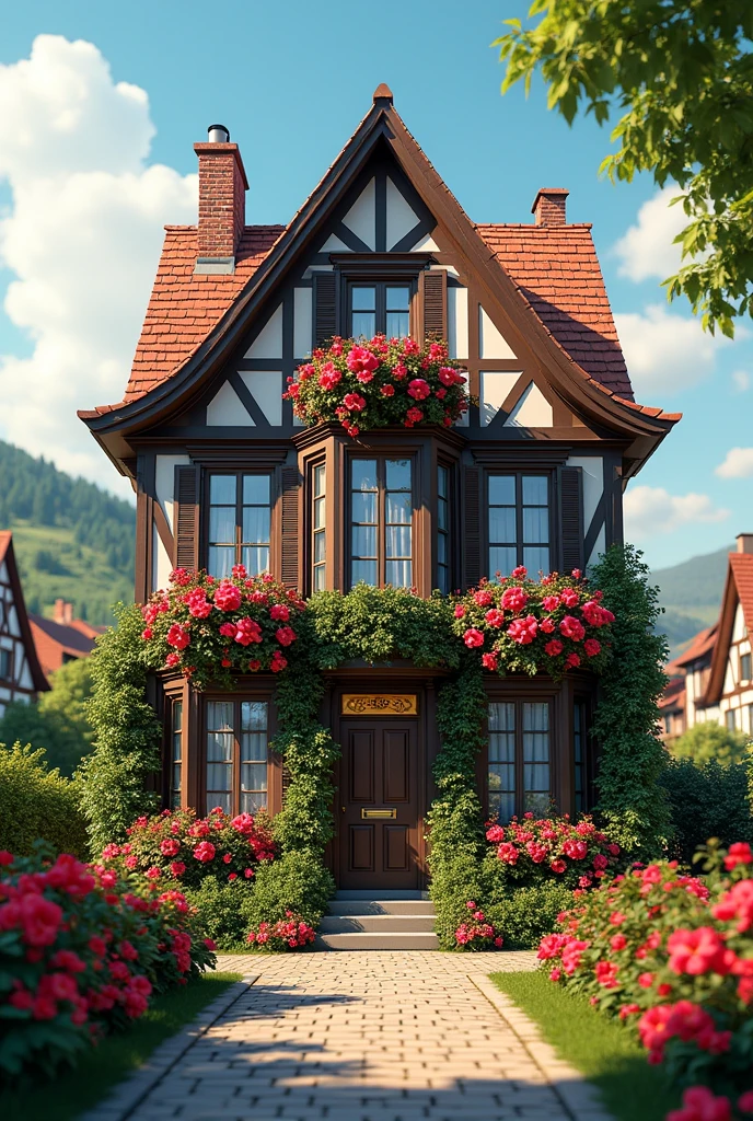 House with large windows with many geranium flowers in Europe 3D
