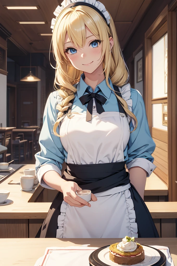 hd, Anime girl, clean and meticulous anime art, blonde hair, drill hair, himedere, ojou-sama, smiling, princess, beautiful anime art style, cute anime girl portrait, light blue eyes, lovely art style, Soft anime illustration, waitress, maid, thin waist, apron, long hair, upper body, standing, café, interior