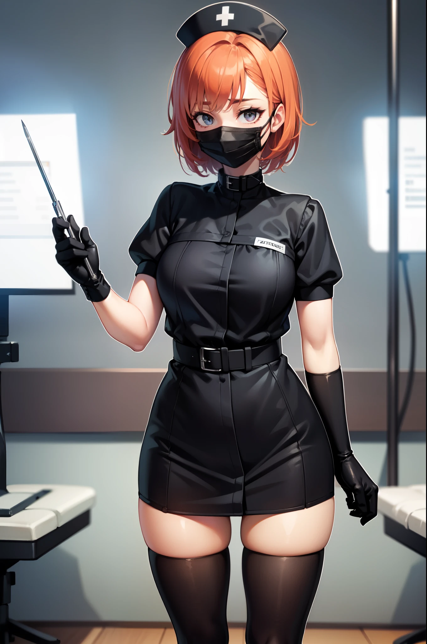 black nurse, 1girl, solo, black nurse cap, black nurse uniform, ((black legwear, zettai ryouiki)), black elbow gloves, very short hair, orange hair, ((black surgical mask, covered nose)), standing, ((surgery room)), sharp outline, short sleeves, tomboy, boyish, best quality, masterpiece