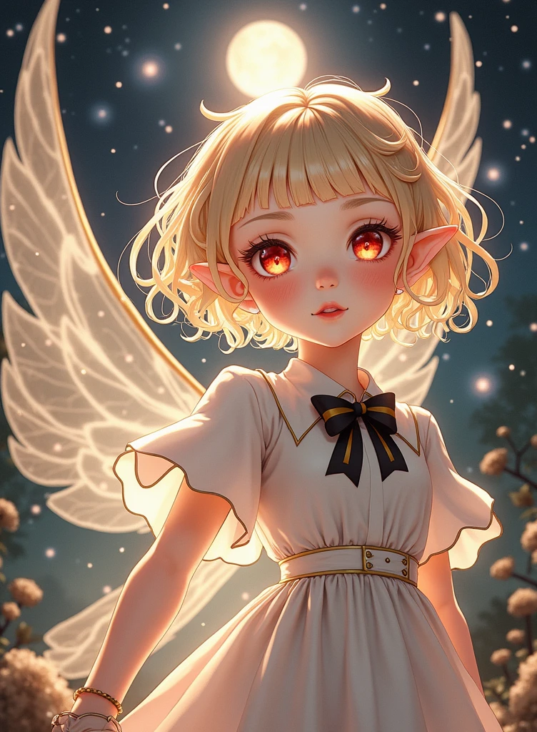 night, a girl, upper body, view from below, luna child, blonde hair, red eyes, short hair, drill hair, white headwear, white dress, black bowtie, black bow, long sleeves, wide sleeves, fairy wings, blush