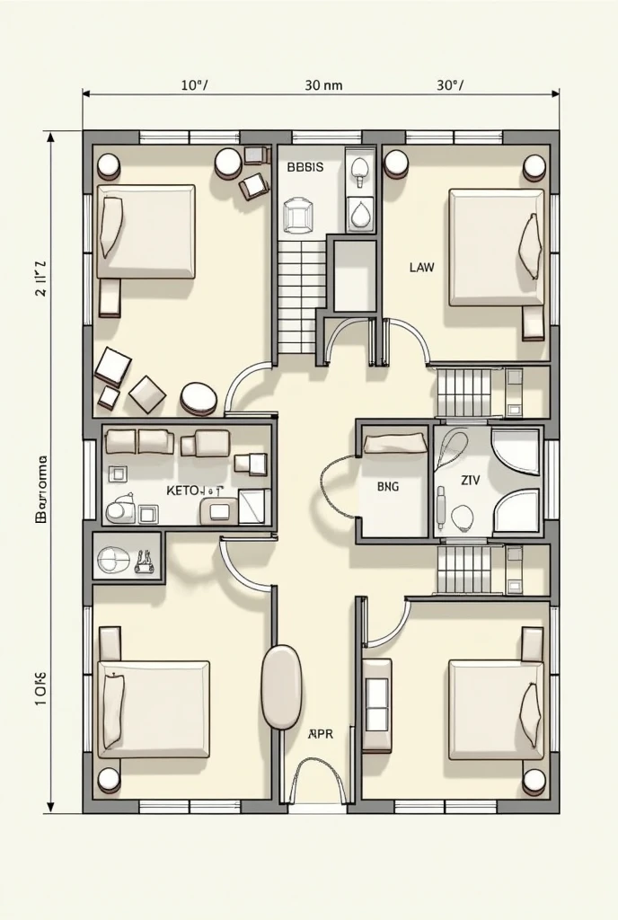 Floor plan of a building with 3 bedroom, 1 kitchen, 2 toilets and 1 staircase