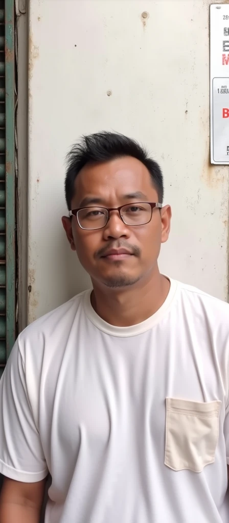 an Indonesian man wearing a yellow motorbike jacket, yellow sleeves, with the words "MAXIM", he was squatting next to his HONDA SUPRA GTR 150CC motorbike on the side of the main road, in front of a shop with a closed rolling door, sheltering from the heavy rain. torrential, with several people who were in the shade also with him, the picture was taken from the side with his face facing the camera, a very real photo, very realistic, lifelike style. Stunning graphics.