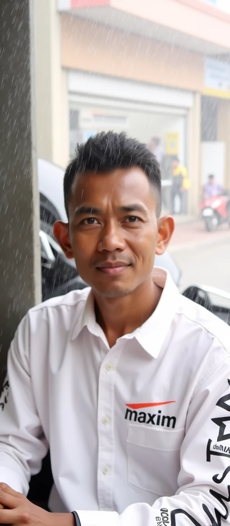 an Indonesian man wearing a yellow motorbike jacket, yellow sleeves, with the words "MAXIM", he was squatting next to his HONDA SUPRA GTR 150CC motorbike on the side of the main road, in front of a shop with a closed rolling door, sheltering from the heavy rain. torrential, with several people who were in the shade also with him, the picture was taken from the side with his face facing the camera, a very real photo, very realistic, lifelike style. Stunning graphics.