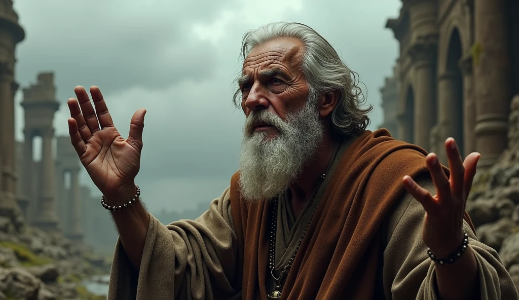 Elderly man with a sad face with his hands raised in the cloudy weather, Bible period style, in the background, ruins