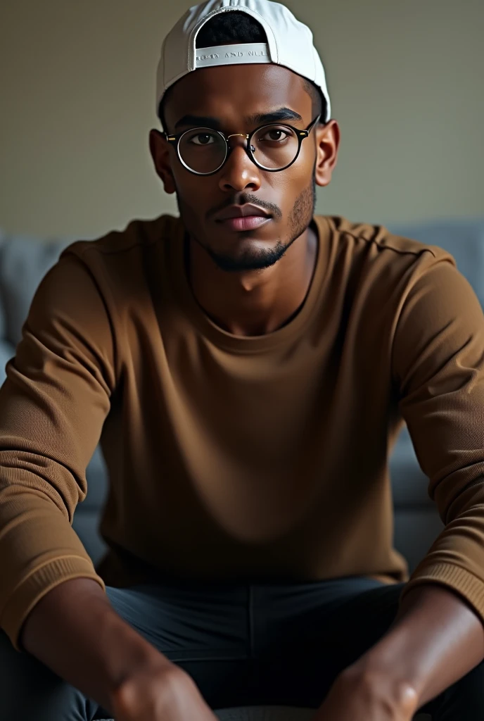 best quality:1.4), (ultra-high resolution:1.2), (photoshotrrealista:1.4), (8k, photoshot:1.2), a thin 20 year old, skin black, beardless face, corte de cabelo Buzzcut. thin build. He is wearing a brown long sleeved shirt. He is wearing black jeans. He is wearing round prescription glasses. He is sitting on the couch with a seductive look. corte de cabelo Buzzcut. white cap