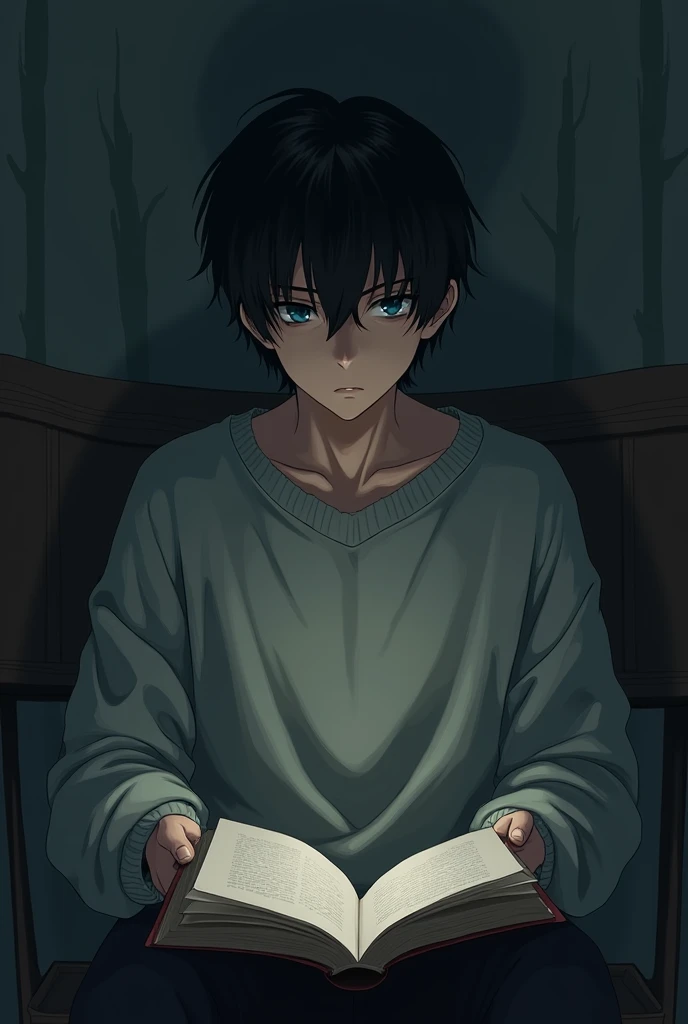anime young man , black hair and blue eyes . Gamer. gloomy and neglected. covered by a sweater,put a book, look in fornt, and handsome 