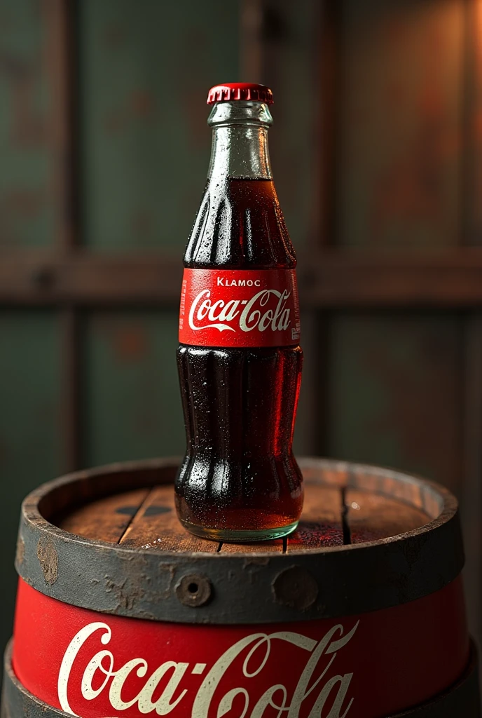 Wet coca cola bottle on top of a coca cola barrel