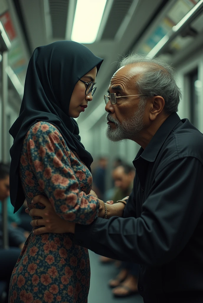 girl slim waist,a malay girl wears a hijab and glasses, the malay girl has huge boobs, wears a flower pattern baju kurung, the girl is with an ugly old man, is in a train, the old man is squeezing the malay girl's boobs ,the old man is squeezing the malay girl's boobs ,the old man squeezed the girl's chest ,The old man squeezed and grabbed the girl's boobs ,the girl bowed slightly forward,old man touch girl boobs,slim waist,alone,empty train ,