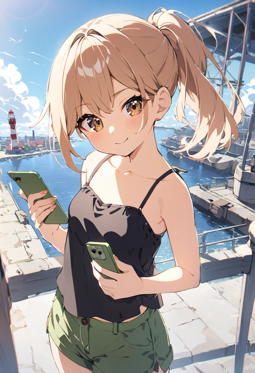 Top quality, 1 beautiful girl, ponytail, dark blonde hair, brown eyes, smiling, outdoors, cowboy shot, holding only one smartphone in one hand, small breasts, short black camisole & green shorts, port city, lighthouse visible in the distance, winking, front lighting