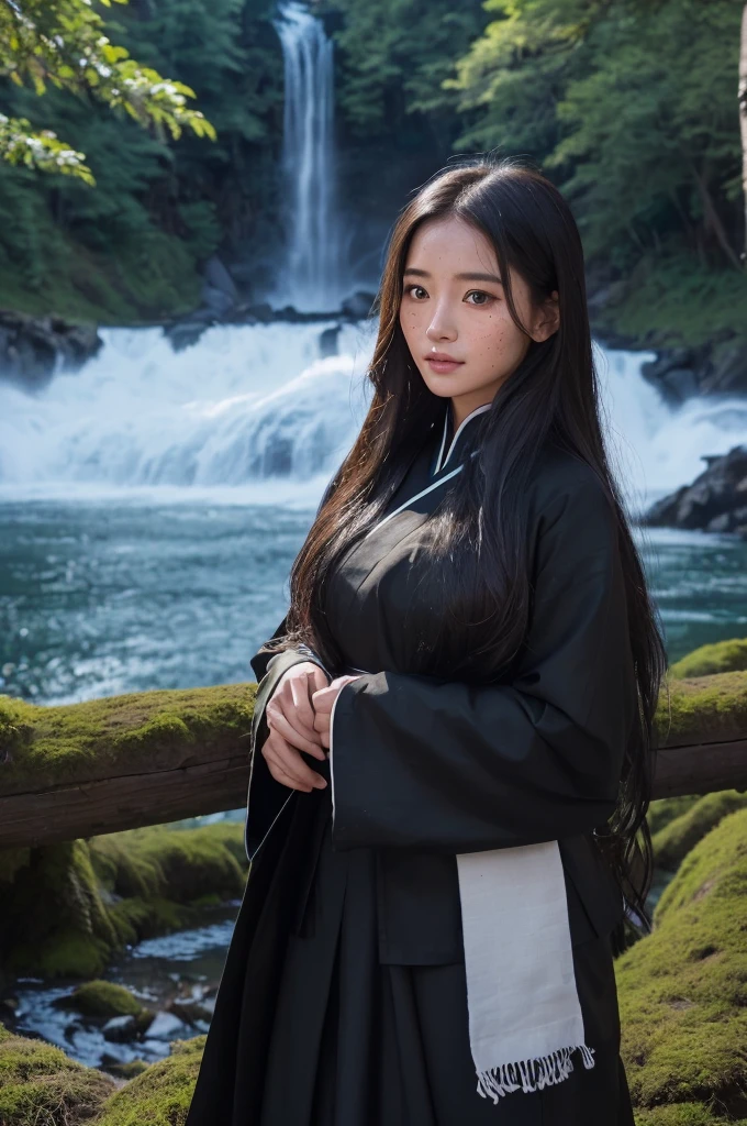 ((best quality)), Overall it&#39;s pretty dark、
detailed(One woman、30 years old、Freckles on face、Brown eyes、Beautiful in every detail、Long Hair、Black Hair、Tibetan traditional clothing、The outfit is all black、In front of the waterfall、Night Forest、Conifer、Moonlight、Fantasy、Are standing、)
