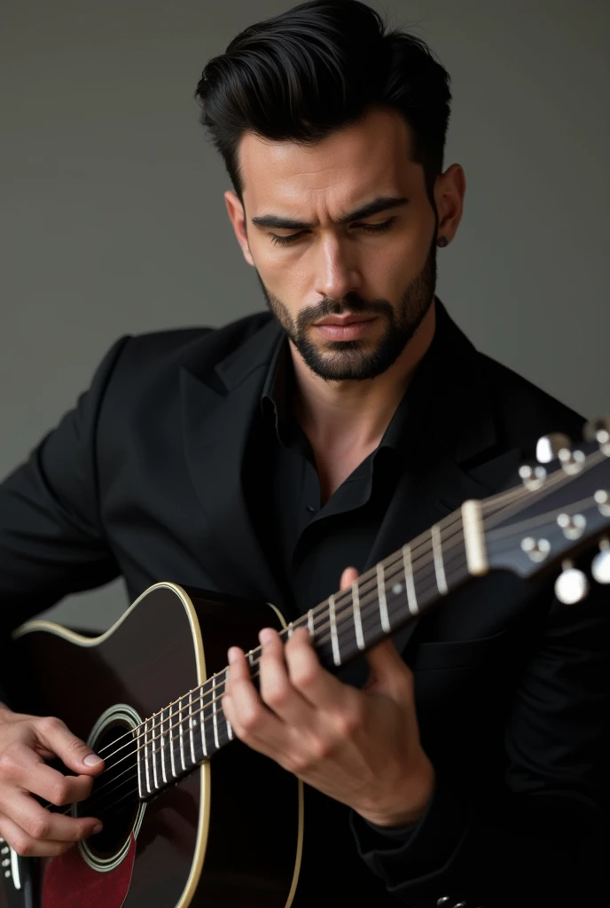 Make a handsome boy with black hair and a black suit with a beard playing a guitar