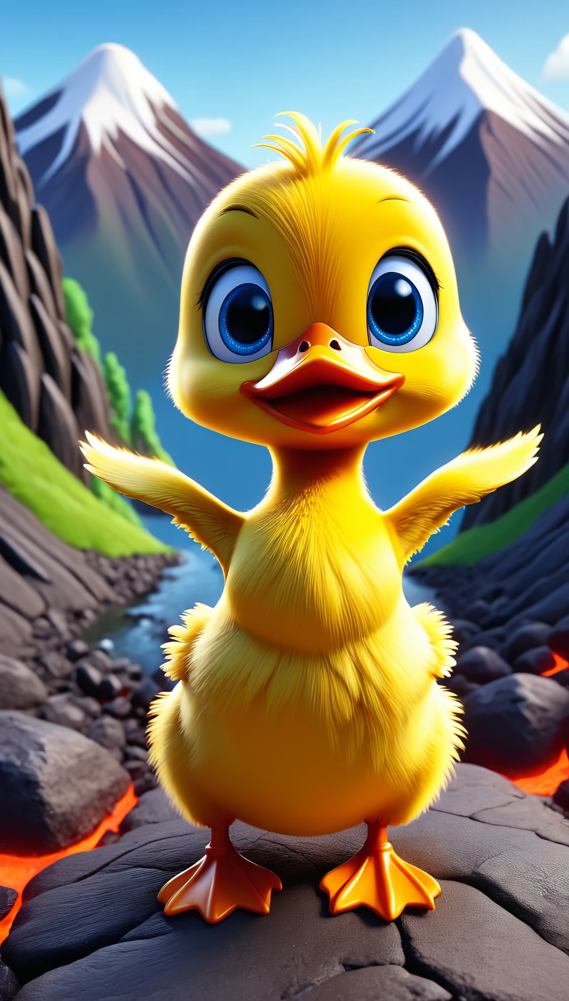 cute tiny duck, cartoon , arms, hands ,cute eyes, looking at viewer, arms up, close, mountain, lava