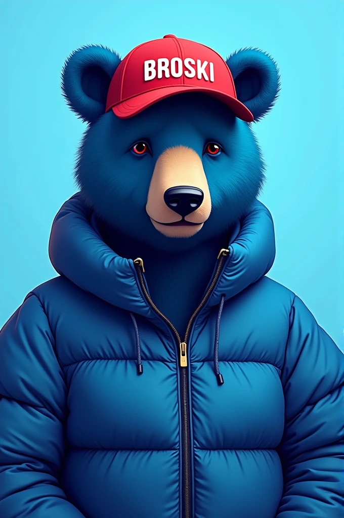 blue bear , light blue background , edgy , portrait , noble , red hat broski , capital letter BROSKİ on your hat , blue puffer jacket