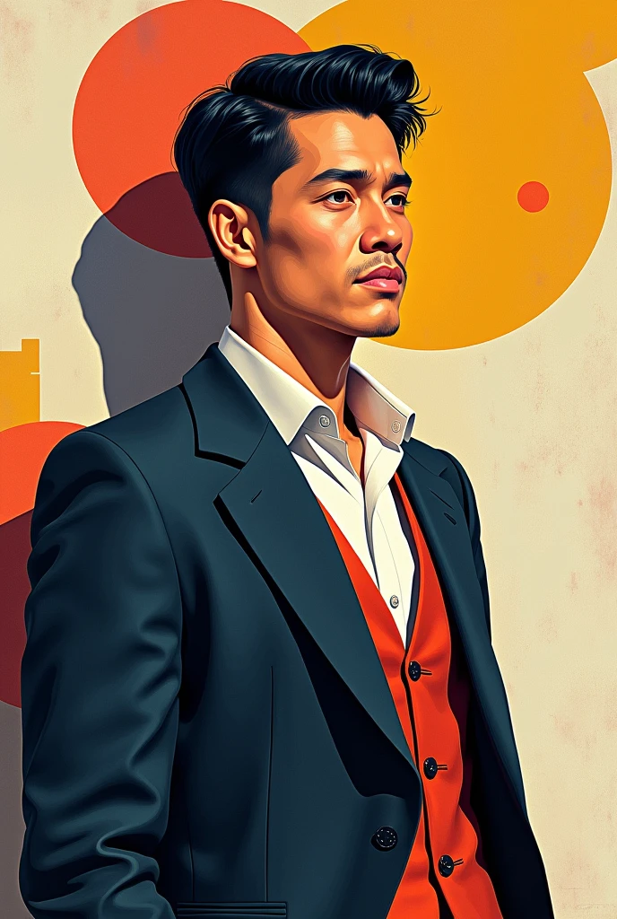 A detailed painting depicting a handsome, mature 25 year Asian man in a suit surrounded by a flurry of glowing Magic The Gathering cards and the book Dungeons and Dragons in the center.