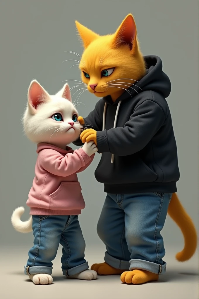A weeping white cat dressed in pink top and blue jeans is slapped by a yellow cat dressed in black hoodie and blue jeans