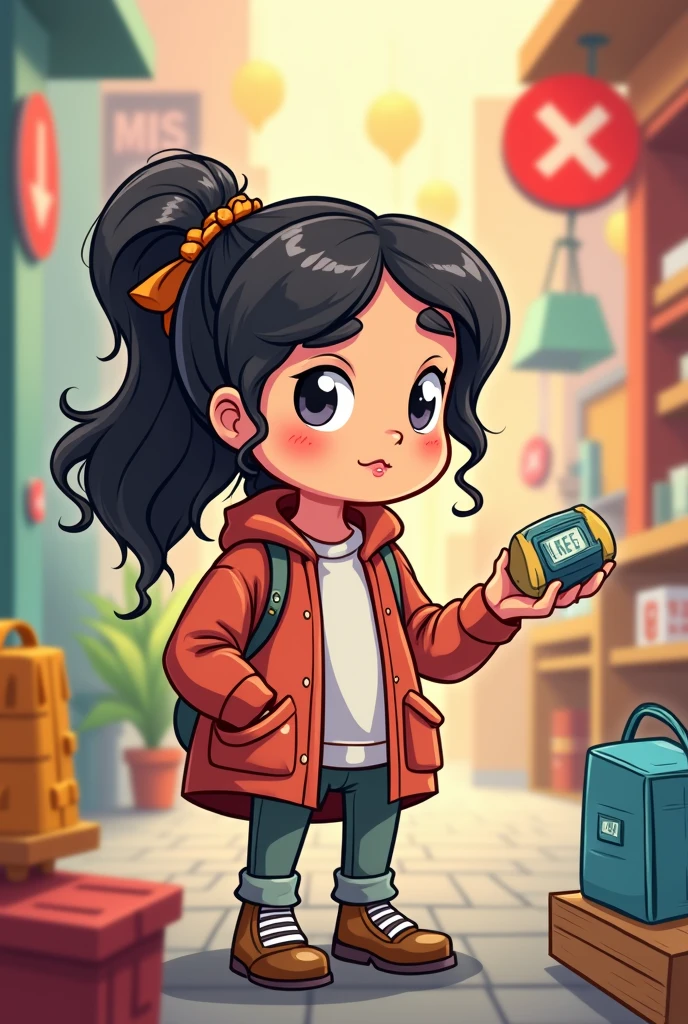 Make a cartoon poster about a wise and intelligent girl looking and holding the real product and avoiding the fake one