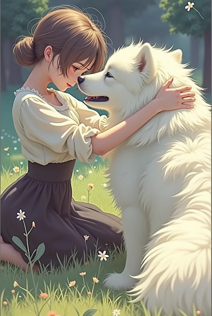 a serene and heartwarming scene depicting a  anime young woman kneeling in a lush, sunlit meadow, gently embracing a fluffy white dog, possibly a Samoyed. The woman has soft, tousled hair and wears a light, flowing blouse paired with a dark skirt, creating a contrast against the vibrant green grass. The atmosphere is infused with a dreamy quality, characterized by soft, diffused lighting that casts gentle shadows and highlights the textures of the dog's fur and the woman's delicate features. The background features a blurred forest, enhancing the sense of intimacy and tranquility in this tender moment of connection between human and animal. The color palette is soft and pastel, emphasizing the warmth and affection shared in this enchanting interaction.