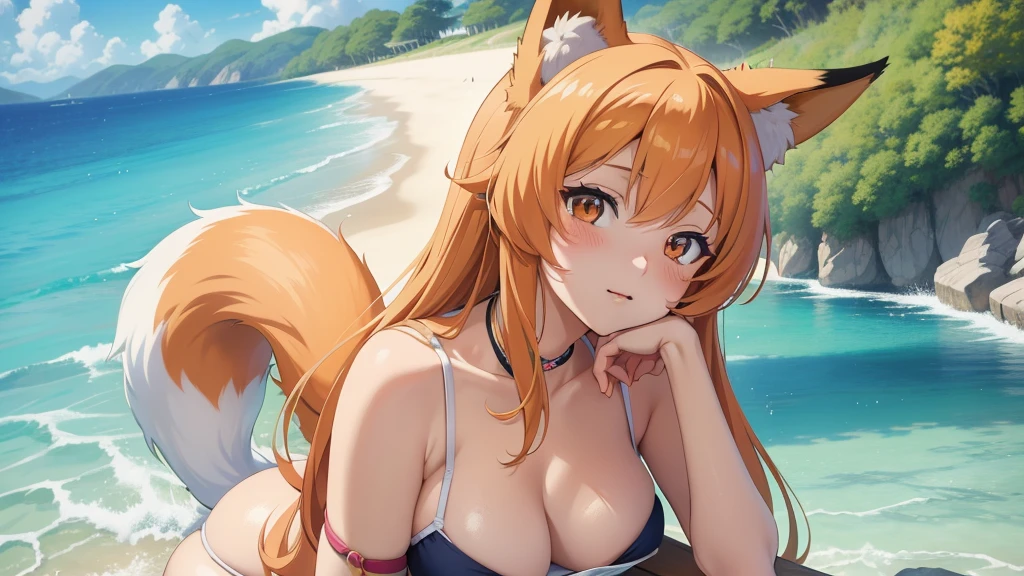 masterpiece　high quality, Best Anime , Anime Style 4K, Anime Art Wallpapers 8K, かわいいAnime Girl Portrait, Anime Girl Portrait, anime art wallpaper 4k　Three　tail,animal_ear, Swimwear,bikini,　Small breasts　Big Breasts　Boobs Fox_ear　tail　Obscene pose　Viewer&#39;s perspective　Legs apart　sexual expression