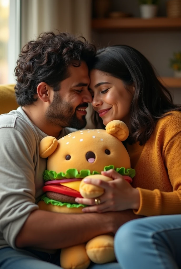 Latino parents both hugging a stuffed animal shaped like a hamburger