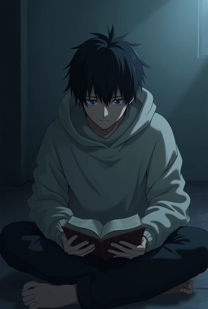 anime young man , black hair and blue eyes . Gamer. gloomy and neglected. covered by a sweater put a book, look in font, 