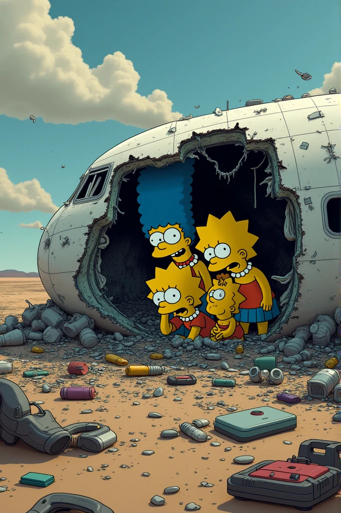 Create an image of the Simpsons inside a plane that crashed in 2003