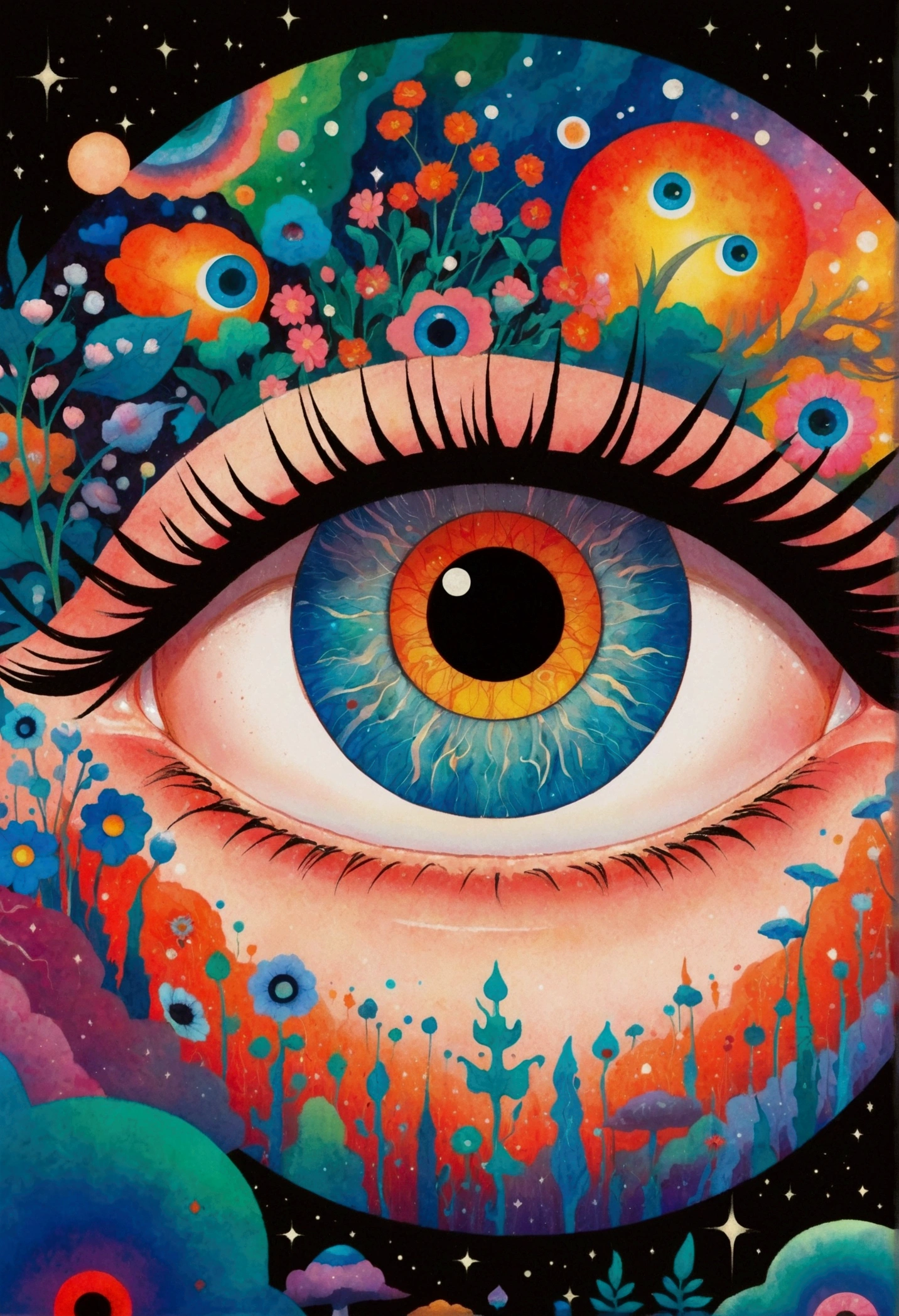 这幅画描绘了一个男人站在一颗五彩缤纷的Eye前, Murakami Chemical Illustrations, pixiv, Concept Art, Fantasy psychedelic anime, Color illustrations, Psychedelic illustration, Look into my eyes, Blurred dreamy illustration, humEyes, Blurred dream picture, Eye, 没有Eye, 睁大你的Eye, Eye of the Universe