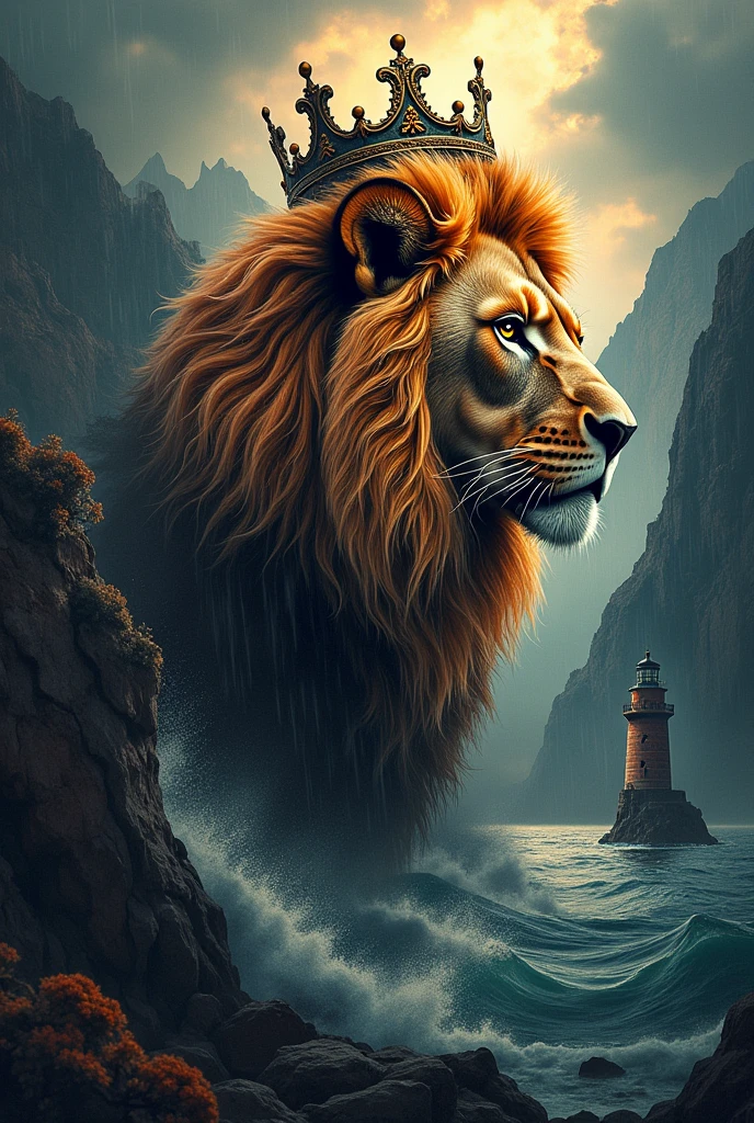 Name Daniel Reigadas Leon.Tattoo of a lion with a crown, Incredible bricks and colors in 4k quality very real tattoo,a lighthouse in the background and the mountain, sunny and rainy,Storm,good heavens,thunders,cyberpunk.