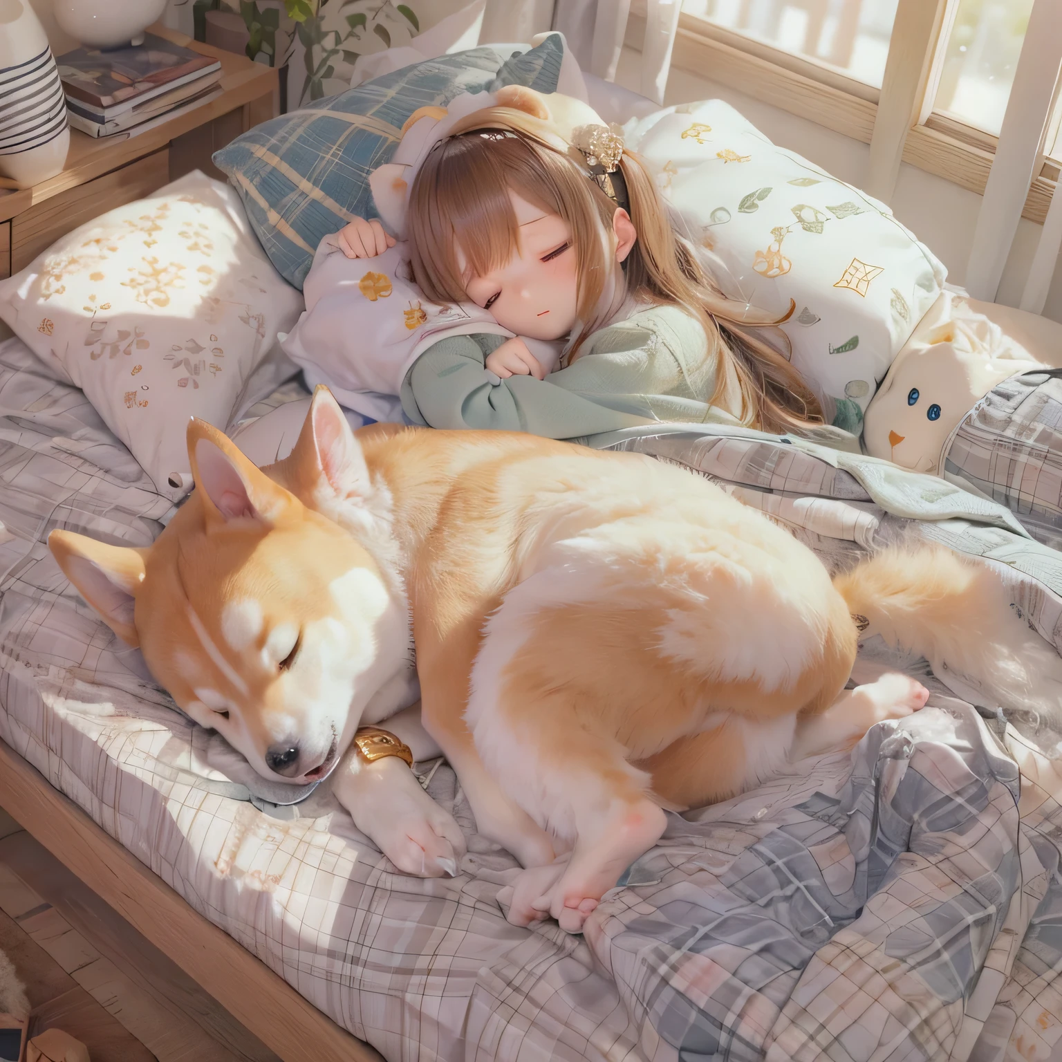 Shiba Inu、Girl sleeping in bed