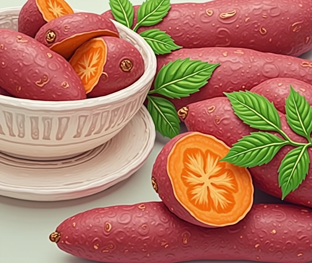 no humans,some steamed and peeled and some green leaves of raw deep carmine sweet potato and sweet potato,close-up,deep carmine and orange,bright palette knife,acrylic,thick paint painting,thick brush strokes,thick oil painting,texture painting,high definition picture quality,scraper painting,relief,stereoscopic feeling,abstract,texture,masterpiece,best qaulity,oil painting,textured brushstrokes,artistic composition,with 32K HD quality effects,Colorful and bright