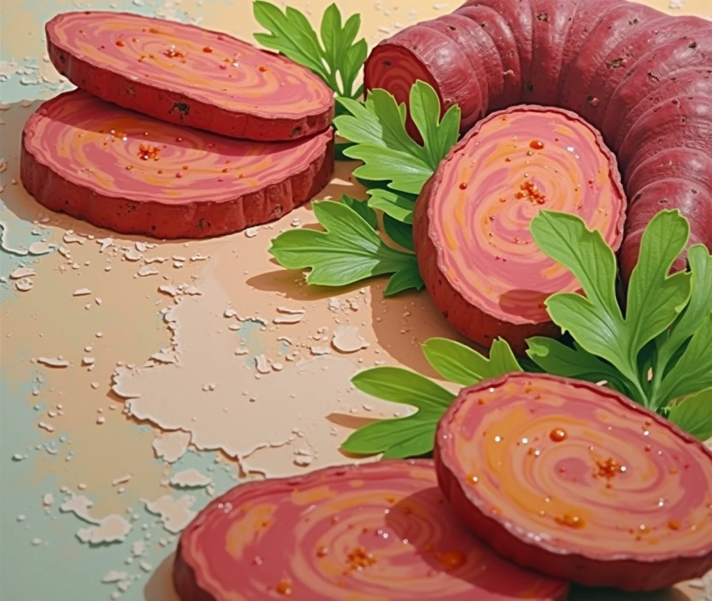 no humans,some steamed and peeled and some green leaves of raw deep carmine sweet potato and sweet potato,close-up,deep carmine and orange,bright palette knife,acrylic,thick paint painting,thick brush strokes,thick oil painting,texture painting,high definition picture quality,scraper painting,relief,stereoscopic feeling,abstract,texture,masterpiece,best qaulity,oil painting,textured brushstrokes,artistic composition,with 32K HD quality effects,Colorful and bright