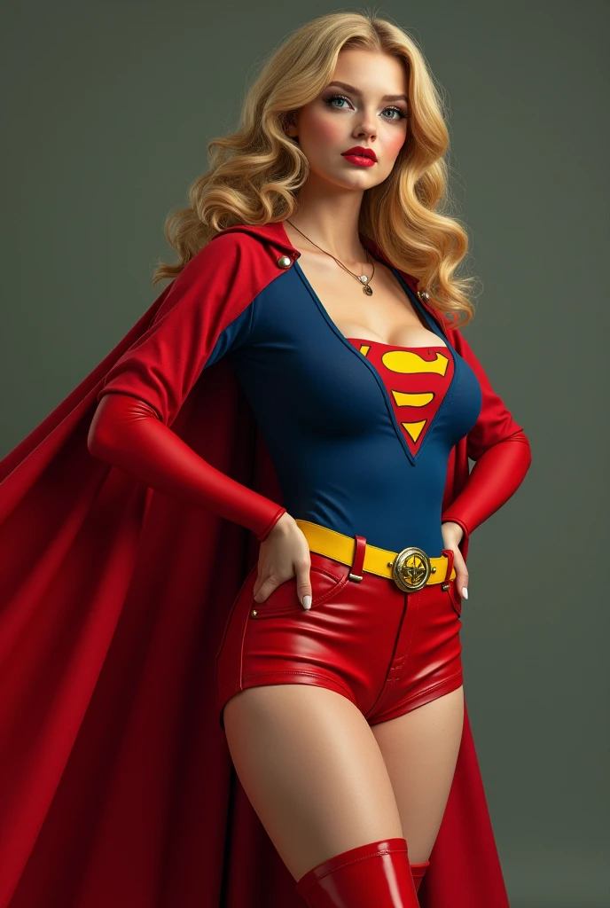 A SEXY BUSTY BLONDE FEMALE WITH BLUE EYES WEARING A 1970 SPLIT OPEN V BUTTONLESS FULL LENGTH BLUE V BLOUSE WITH A "S" EMBLEM ON THE RIGHT SIDE OF HER CHEST, A PAIR OF RED LEATHER SHORTS WITH A YELLOW SUPERMAN BELT, TALL RED HEELED BOOTS, AND A LONG FLOWING RED CAPE. PHOTO REALISTIC, HYPER DETAILED AND TEXTURED.