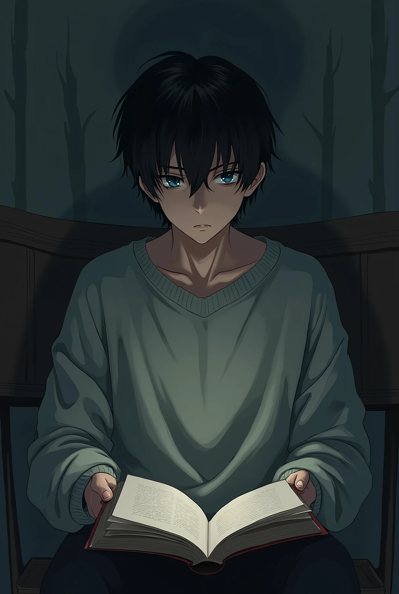 anime young man , black hair and blue eyes . Gamer. gloomy and neglected. covered by a sweater,put a book, look in fornt, and handsome 