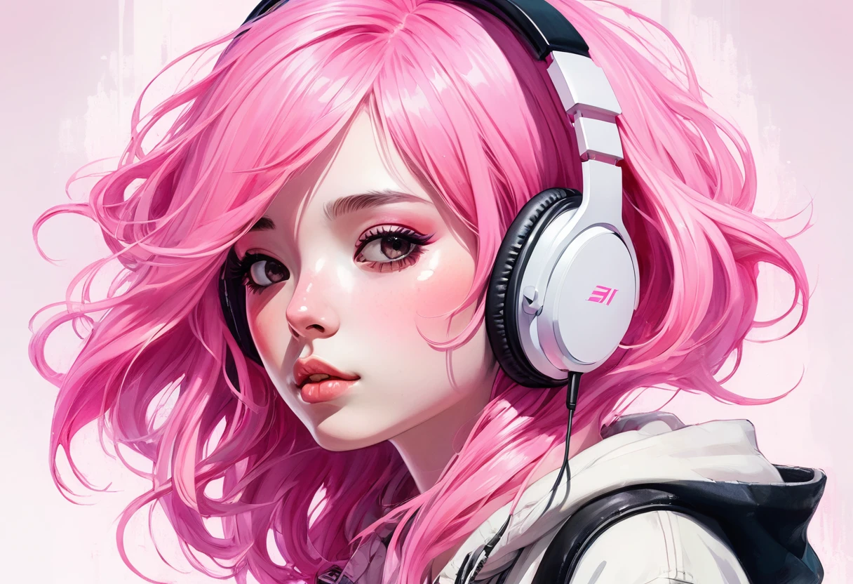 art girl with slanted eyes and pink hair and headphones, アニメ, all in shades of pink