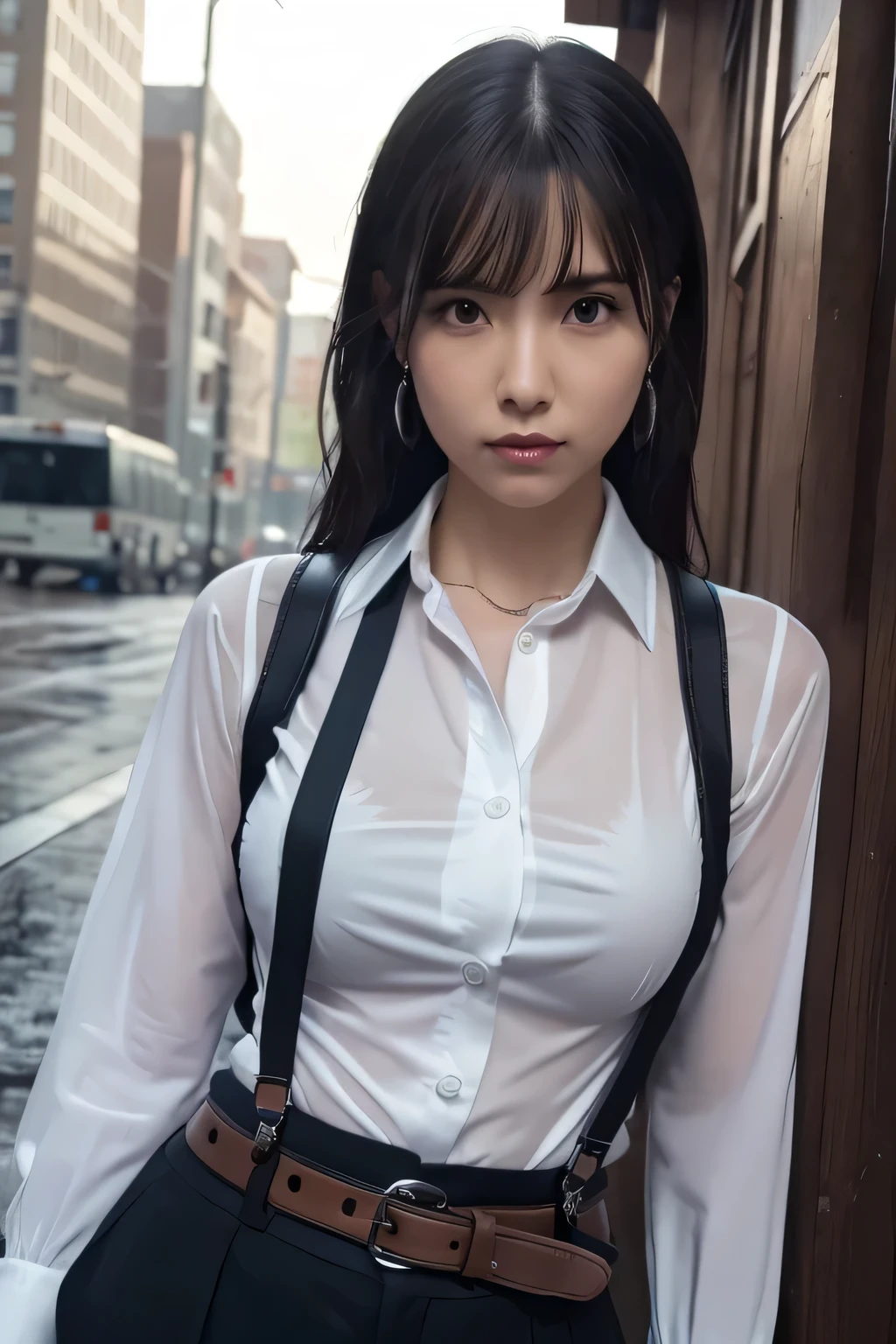 a woman in a suit, belt, hands behind back, sweating, suspenders, black pants, sexly, large breasts, see-through clothing, rain, detective, office worker, white button-up shirt, (best quality,4K,8k,highres,masterpiece:1.2),ultra-detailed,(realistic,photorealistic,photo-realistic:1.37),hyper-detailed,highly detailed face and body, Slender　thin　suspenders　Moderate breasts　See-through shirt　Nipples　holster　chain　Pistol　Armament　criminal　Female criminal　knife