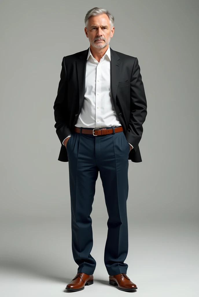a man wearing dark blue dress pants tucked in, with a white shirt and black jacket and brown shoes and belt