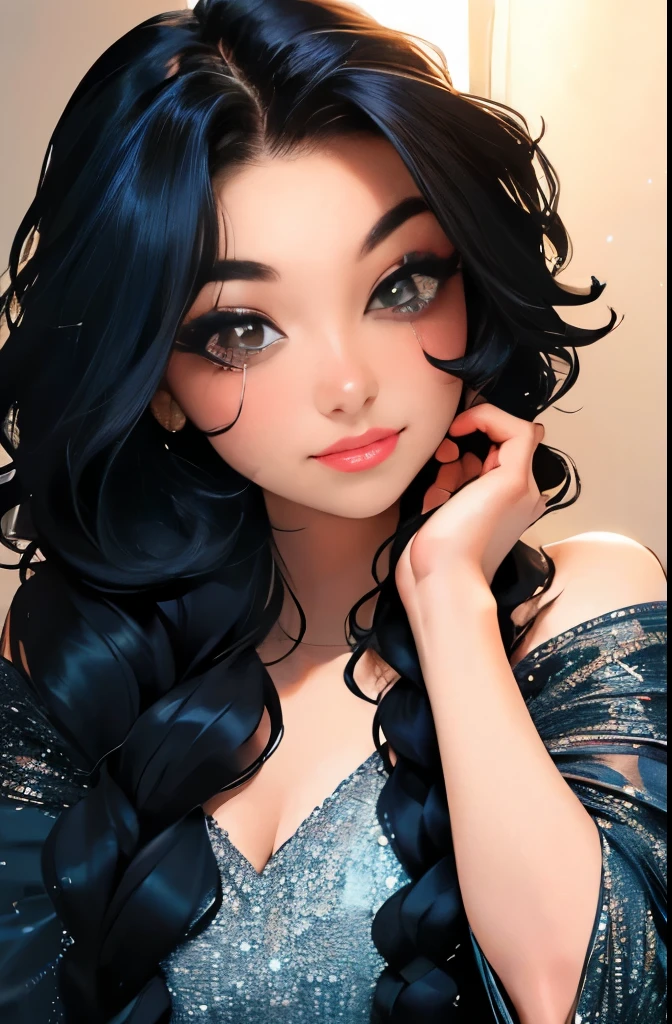 Her black hair, luxurious, wavy, falls gracefully down her shoulders and flows gently around her face, framing it with a touch of glamour.