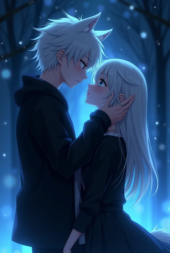 Anime boy put hand on anime girl anime girl face has some jealousy their clothes are back and some glowing Blue effect background are same like their clothes they looked little bit of dark both looking at me hugging each other make their clothes black jacket and make them younger and more young a look little bit of wolf white hair and make them younger make both hair white and make look little bit of wolf 