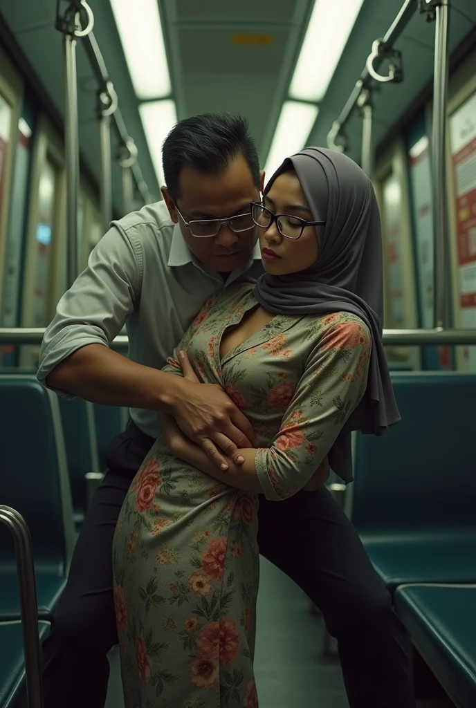 girl slim waist,a malay beautiful girl wears a hijab and glasses, the malay girl has huge boobs, wears a flower pattern baju kurung, the girl is with an ugly old man, is in a train, the old man is squeezing the malay girl's boobs ,the old man is squeezing the malay girl's boobs ,the old man squeezed the girl's chest ,The old man squeezed and grabbed the girl's boobs ,the girl bowed slightly forward,old man touch girl boobs,slim waist,alone,empty train ,