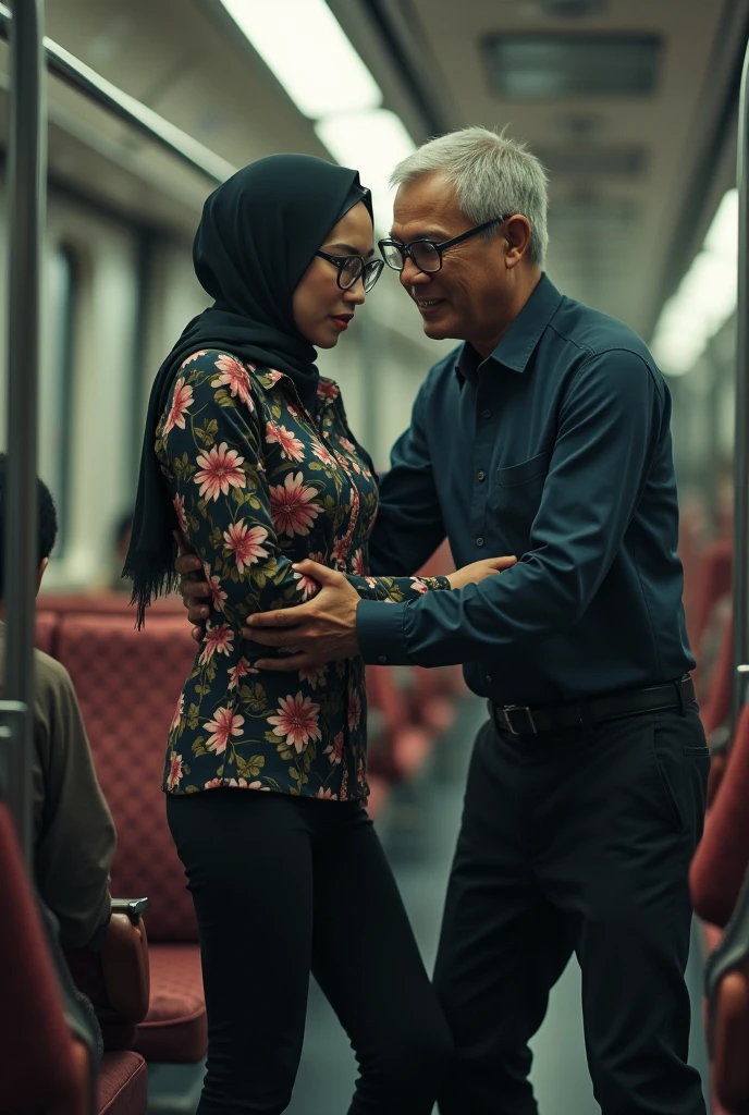 Sexy skinny girl with headscarf on the bus, white long sleeve t shirt, black sweatpants , woman in white socks. While sitting on the bus seat, he rubs his foot on the pants of the man next to him