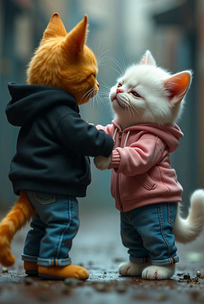 A weeping white cat dressed in pink top and blue jeans is kicked by a yellow cat dressed in black hoodie and blue jeans