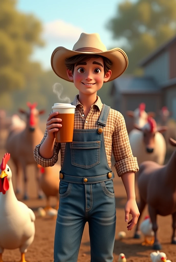 A farmer drinks , Light brown bun hair, brown dark eyes, light colored cowboy hat, blue jenas dungarees, checkered shirt, working with cows , horses, chickens, ducks, chicks 3d hd image