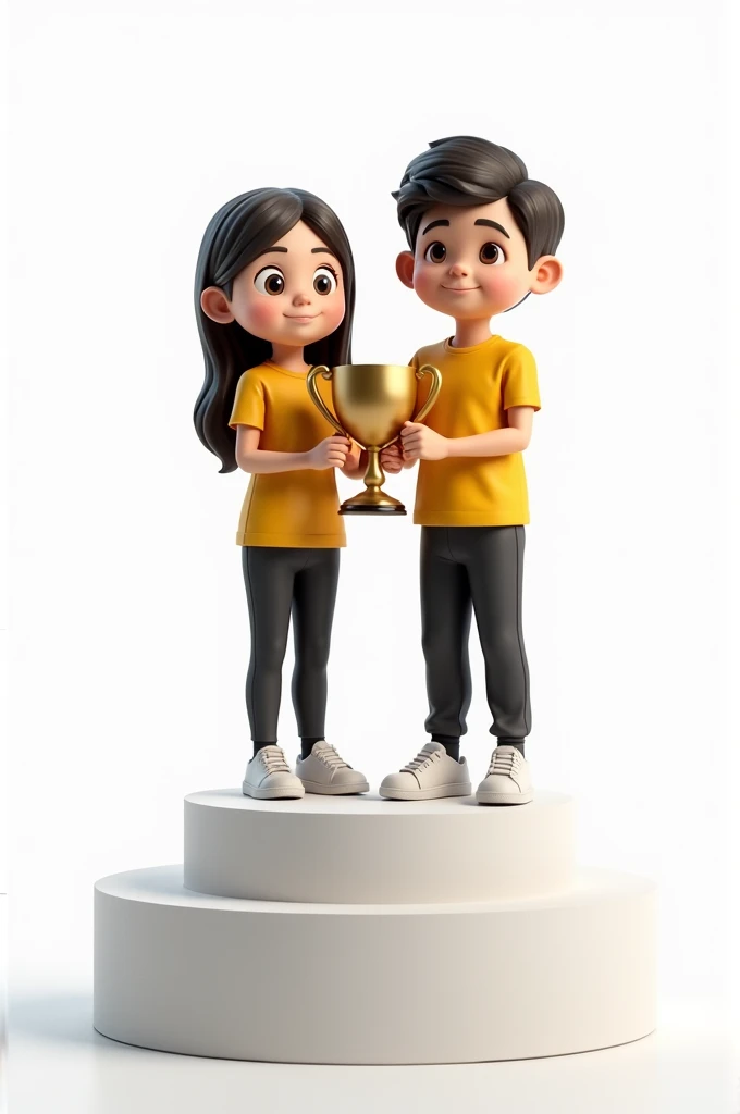 Boy and girl dressed in dark yellow shirts and long black pants holding a sports cup on a podium, WITH WHITE BACKGROUND