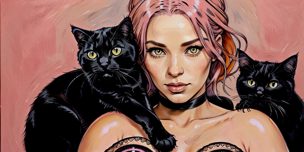 a woman with pink hair holding a black cat in her arms, super detailed face and eyes, beautiful painting of friends