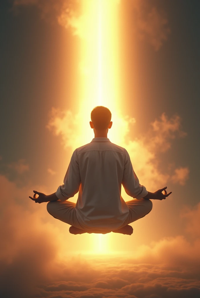 Man from behind sitting in meditation position floating with a bright beam of light coming out from the background forward 