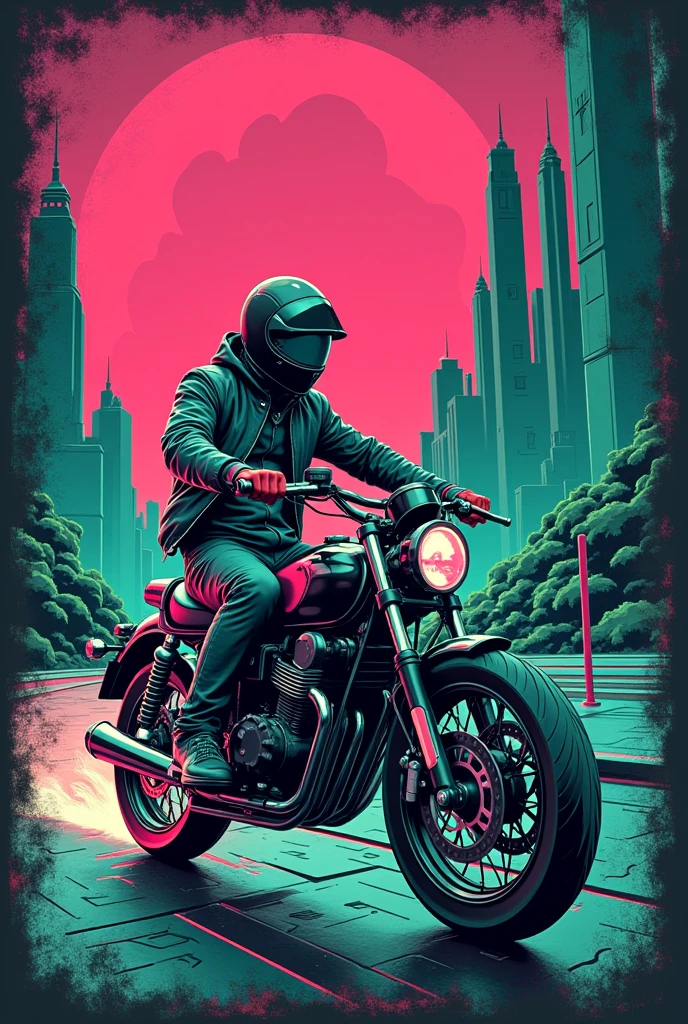 "A retro t-shirt design featuring an 80s motorbike shopper driving through a futuristic landscape. The design uses neon colors like pink, Distressed green and teal, with a grid background and a worn texture."