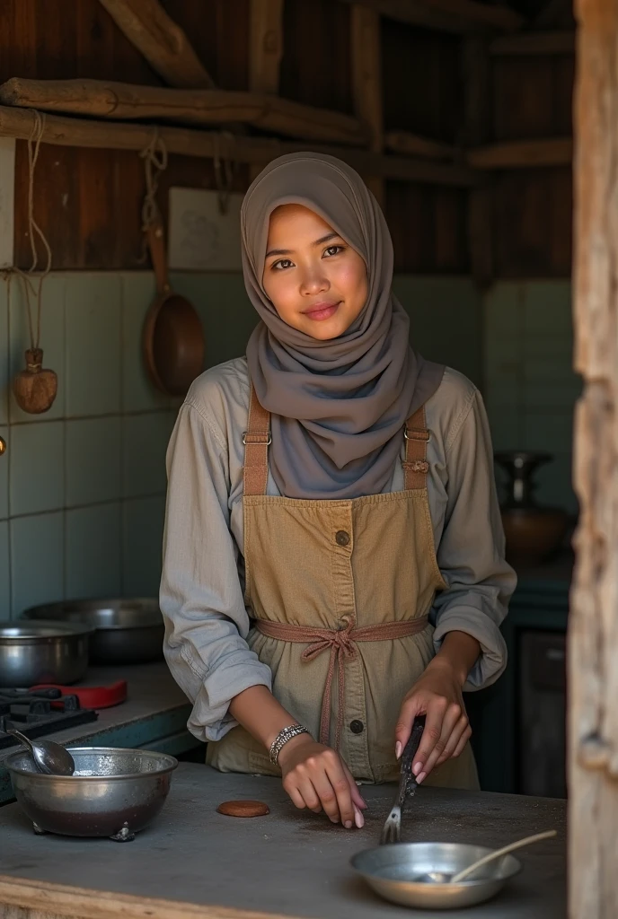 a malay girl, wearing a hijab, in the kitchen of a bad and poor wooden house, the girl is cute hot, the girl wears an apron but is nude,big boobs