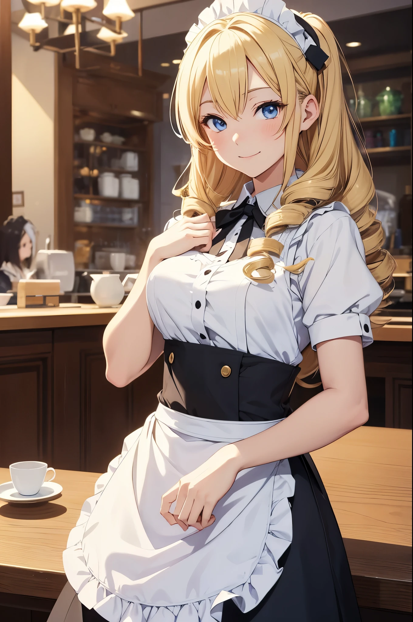 hd, Anime girl, clean and meticulous anime art, blonde hair, drill hair, himedere, ojou-sama, smiling, princess, beautiful anime art style, cute anime girl portrait, light blue eyes, lovely art style, Soft anime illustration, waitress, maid, thin waist, apron, long hair, upper body, standing, café, interior