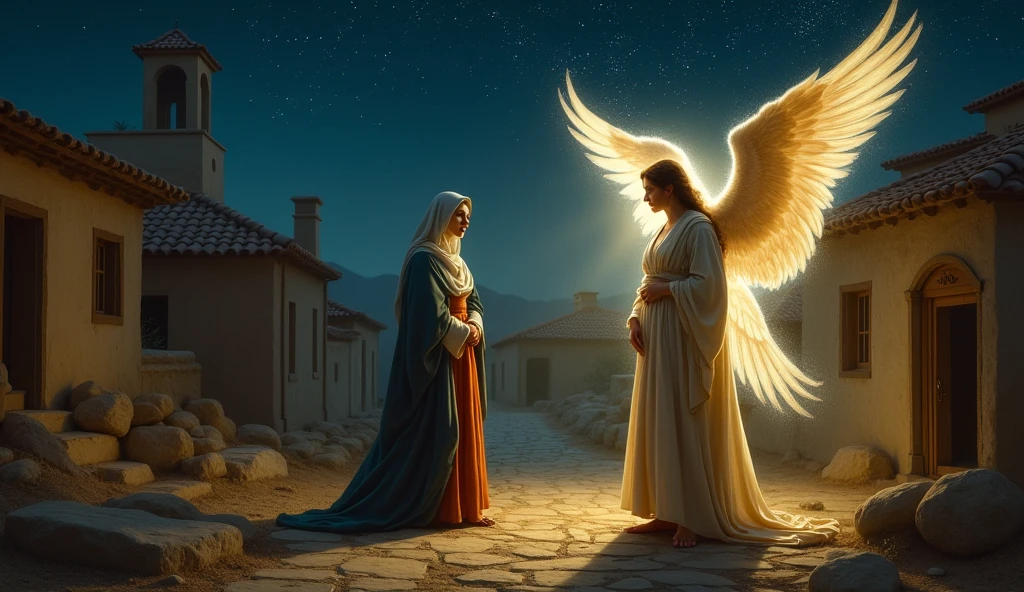 biblical history:  The angel Gabriel talking to a woman, at night a small village called Nazaré,
