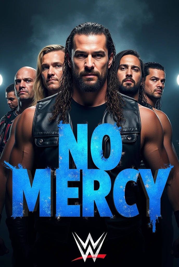 Genérame una imagen para promocionar el paper view de lucha libre no mercy de la ELW en donde aparezca el nombre de ELW presenta no mercy con la imagen de kazuchika Okada Cody rose Roman Reigns John cena the undertaker John moxly y the find Bray white